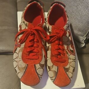 Red and Brown Patterned Coach Sneakers